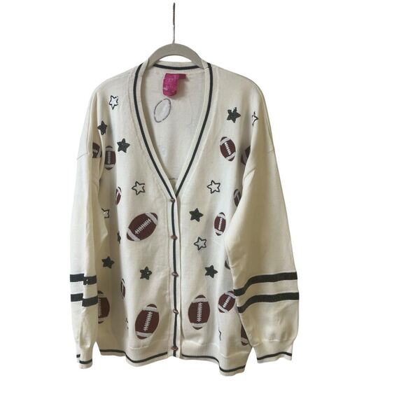 QUEEN OF SPARKLES Football Star Cardigan - Cream and Brown - Picture 1 of 5